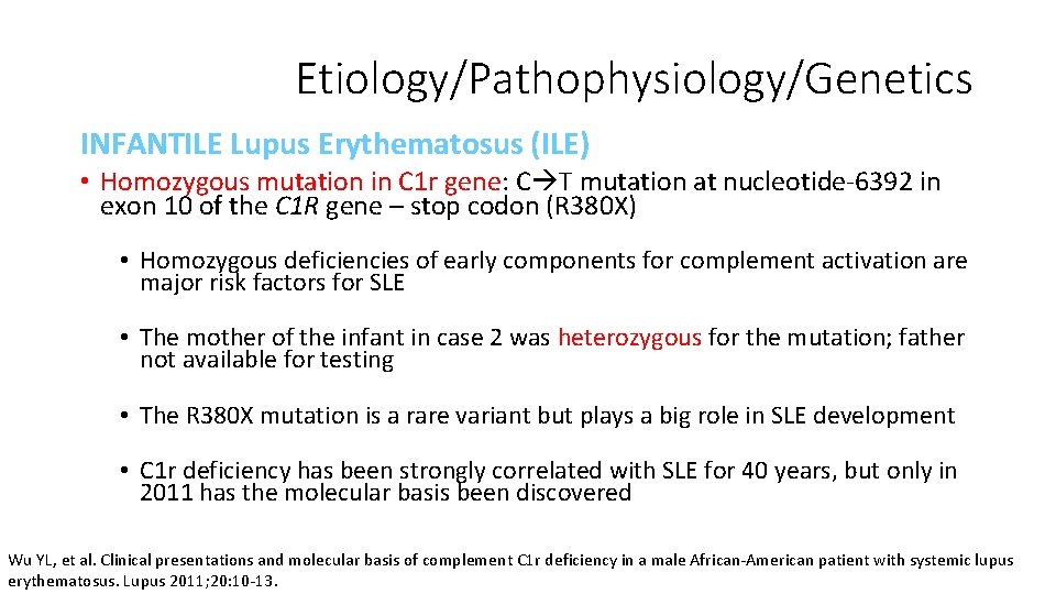 Etiology/Pathophysiology/Genetics INFANTILE Lupus Erythematosus (ILE) • Homozygous mutation in C 1 r gene: C