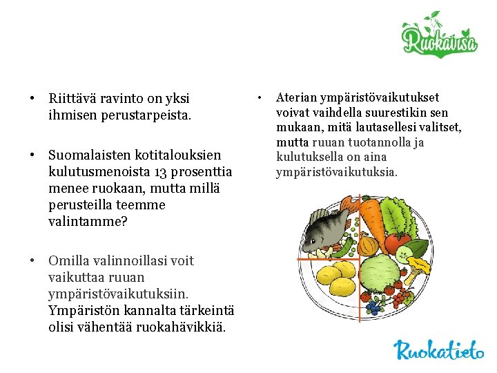  • Riittävä ravinto on yksi ihmisen perustarpeista. • Suomalaisten kotitalouksien kulutusmenoista 13 prosenttia