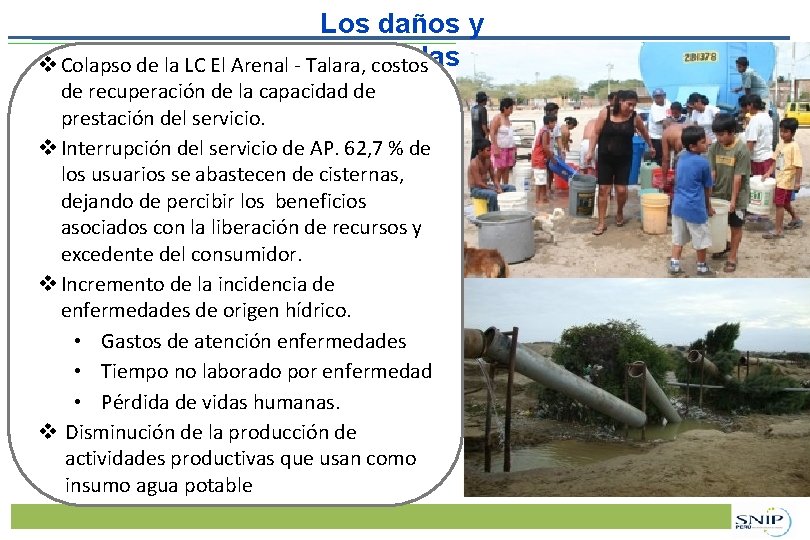 Los daños y pérdidas v Colapso de la LC El Arenal - Talara, costos