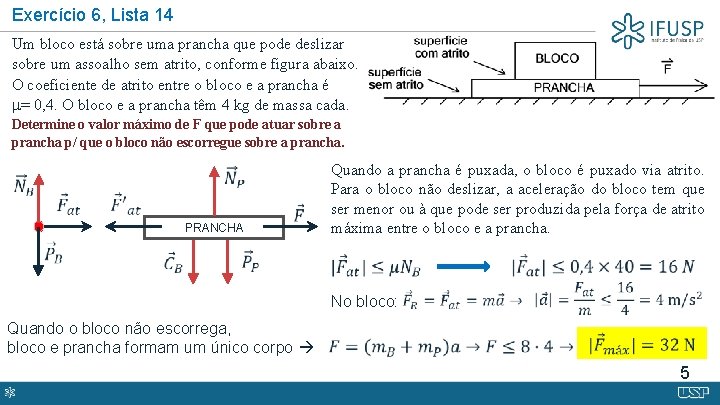 Exercício 6, Lista 14 Um bloco está sobre uma prancha que pode deslizar sobre