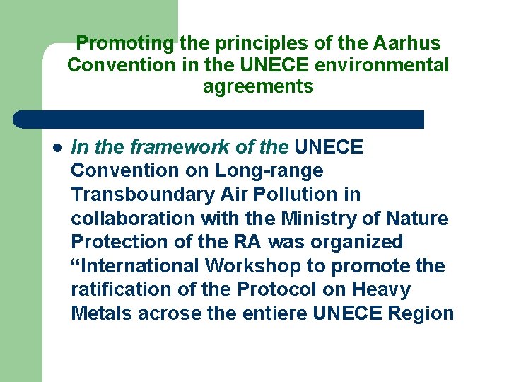 Promoting the principles of the Aarhus Convention in the UNECE environmental agreements l In