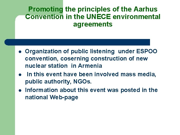 Promoting the principles of the Aarhus Convention in the UNECE environmental agreements l l