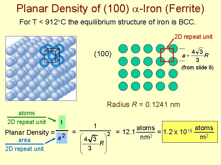 Planar Density of (100) -Iron (Ferrite) For T < 912 C the equilibrium structure Planar Density of (100) -Iron (Ferrite) For T < 912 C the equilibrium structure