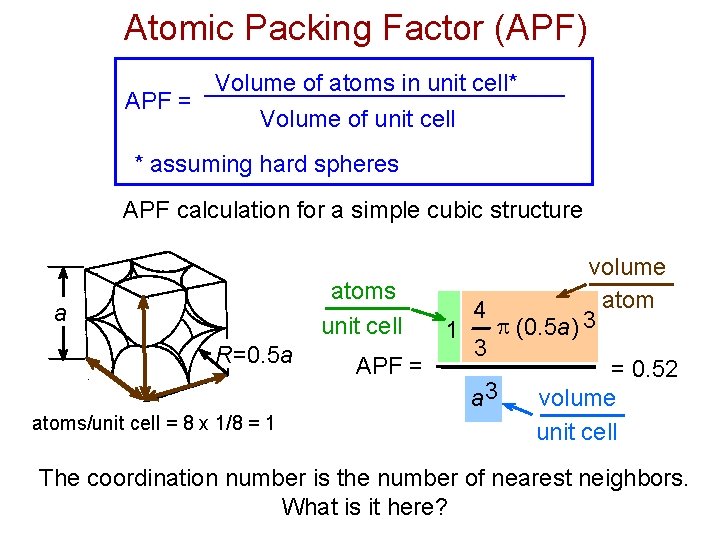 Atomic Packing Factor (APF) Volume of atoms in unit cell* APF = Volume of Atomic Packing Factor (APF) Volume of atoms in unit cell* APF = Volume of