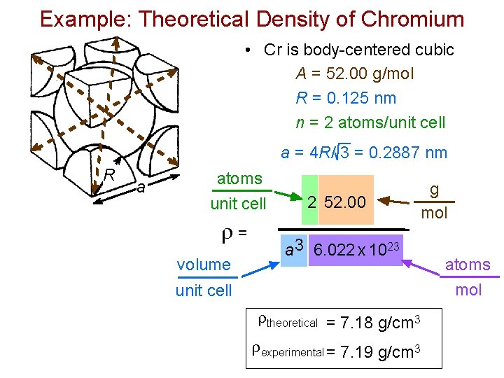 Example: Theoretical Density of Chromium • Cr is body-centered cubic A = 52. 00 Example: Theoretical Density of Chromium • Cr is body-centered cubic A = 52. 00