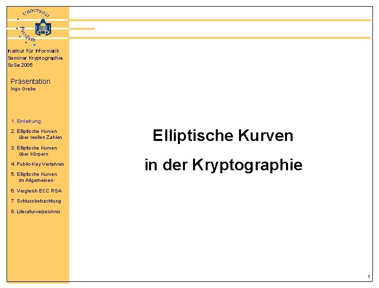 Institut für Informatik Seminar Kryptographie So. Se 2005 Präsentation Ingo Grebe 1. Einleitung 2.