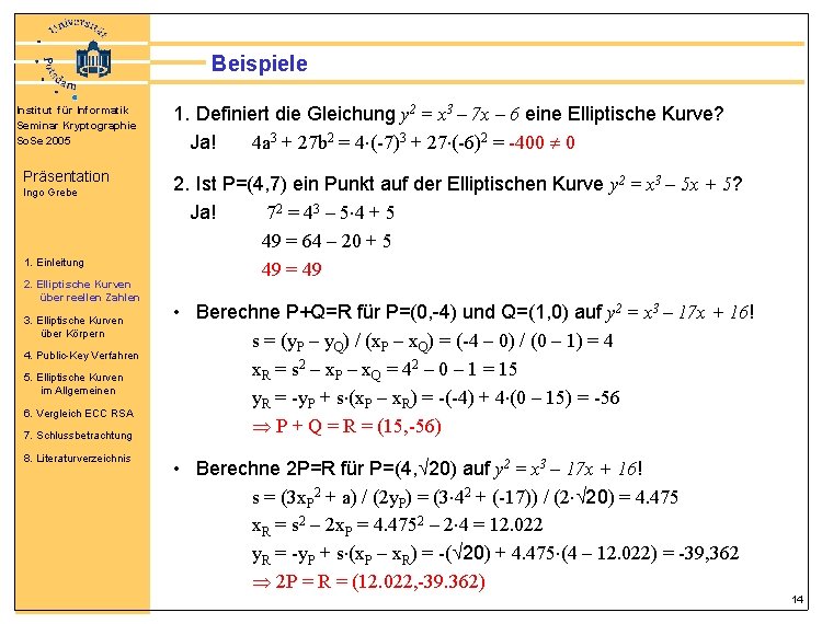 Beispiele Institut für Informatik Seminar Kryptographie So. Se 2005 Präsentation Ingo Grebe 1. Einleitung