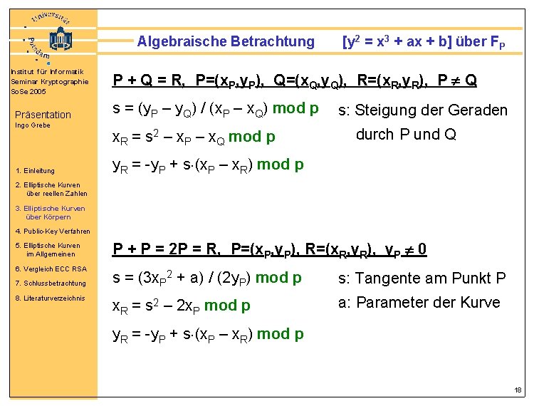Algebraische Betrachtung Institut für Informatik Seminar Kryptographie So. Se 2005 Präsentation Ingo Grebe 1.