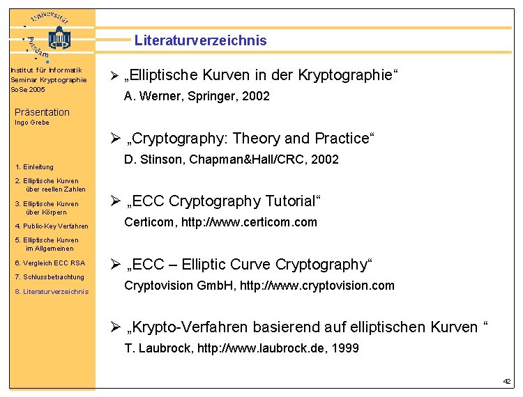 Literaturverzeichnis Institut für Informatik Seminar Kryptographie So. Se 2005 Ø „Elliptische Kurven in der