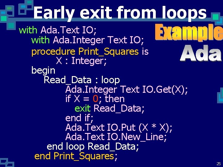 Early exit from loops with Ada. Text IO; with Ada. Integer Text IO; procedure Early exit from loops with Ada. Text IO; with Ada. Integer Text IO; procedure