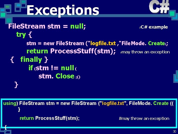 Exceptions File. Stream stm = null; try { //C# example stm = new File.