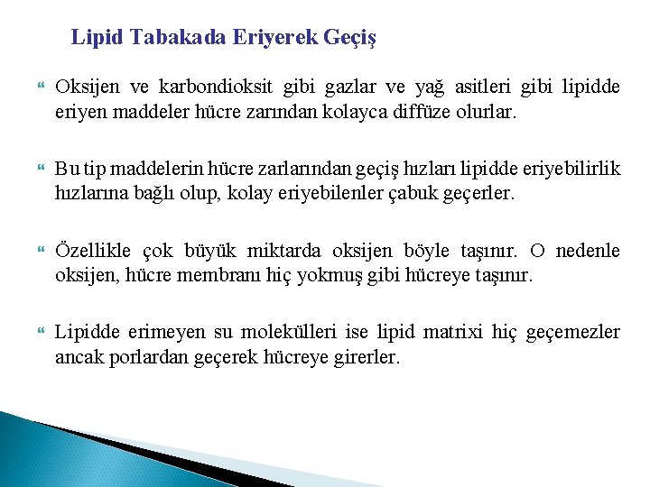 Lipid Tabakada Eriyerek Geçiş Oksijen ve karbondioksit gibi gazlar ve yağ asitleri gibi lipidde