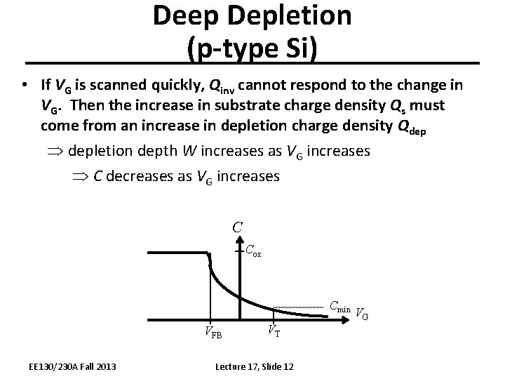Deep Depletion (p-type Si) • If VG is scanned quickly, Qinv cannot respond to