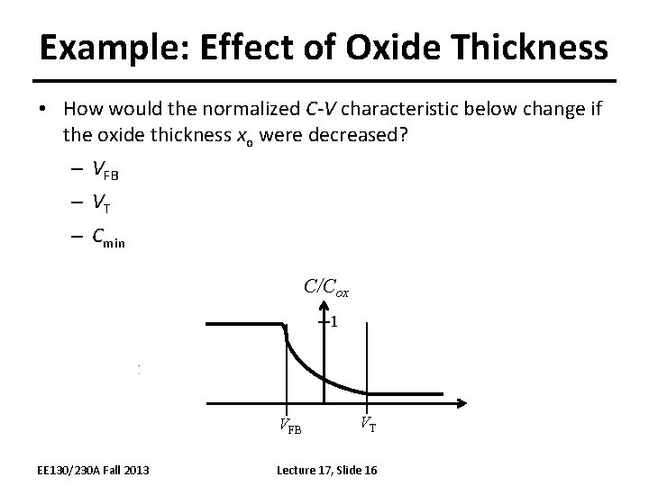 Example: Effect of Oxide Thickness • How would the normalized C-V characteristic below change
