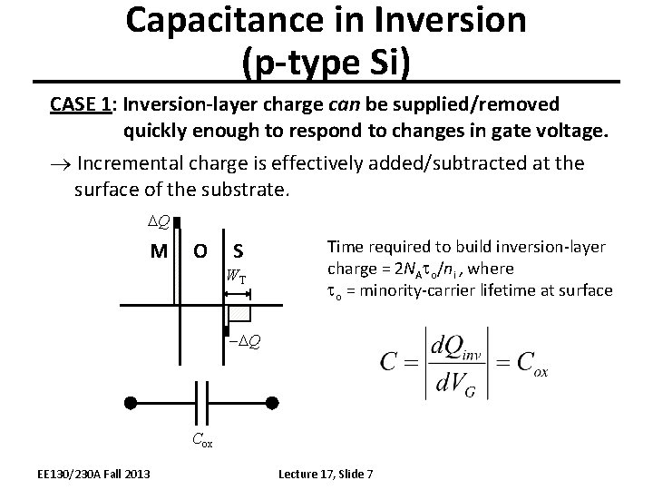 Capacitance in Inversion (p-type Si) CASE 1: Inversion-layer charge can be supplied/removed quickly enough