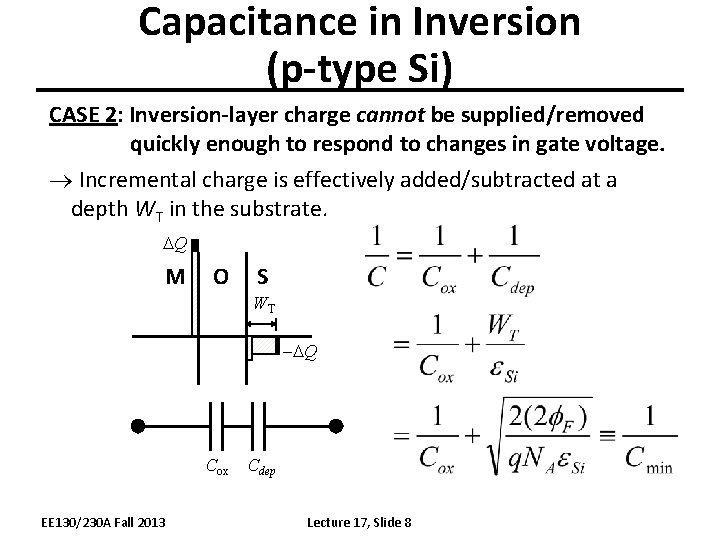 Capacitance in Inversion (p-type Si) CASE 2: Inversion-layer charge cannot be supplied/removed quickly enough