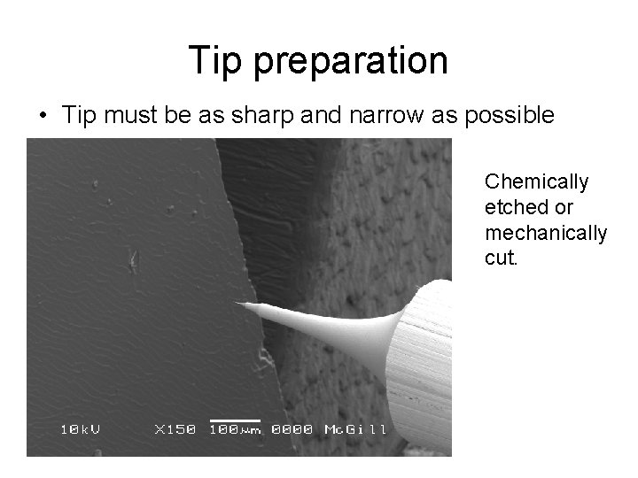 Tip preparation • Tip must be as sharp and narrow as possible Chemically etched