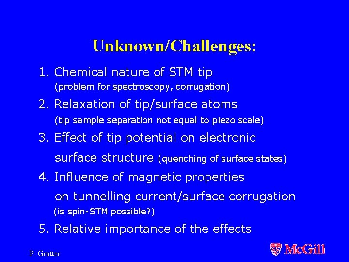 Unknown/Challenges: 1. Chemical nature of STM tip (problem for spectroscopy, corrugation) 2. Relaxation of