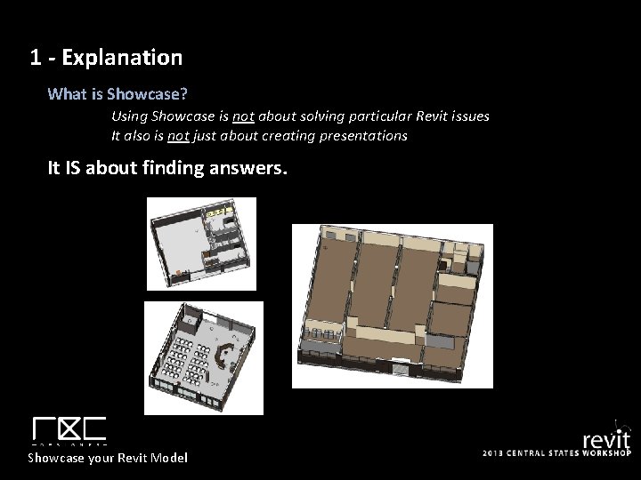 1 - Explanation What is Showcase? Using Showcase is not about solving particular Revit