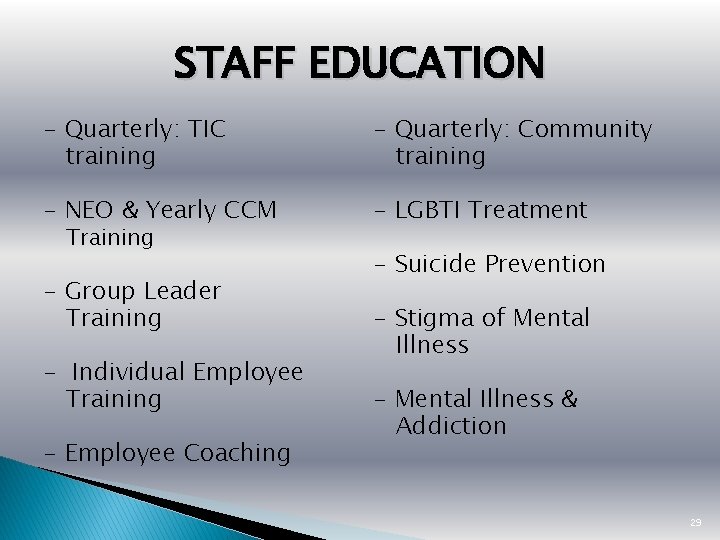 STAFF EDUCATION - Quarterly: TIC training - Quarterly: Community training - NEO & Yearly