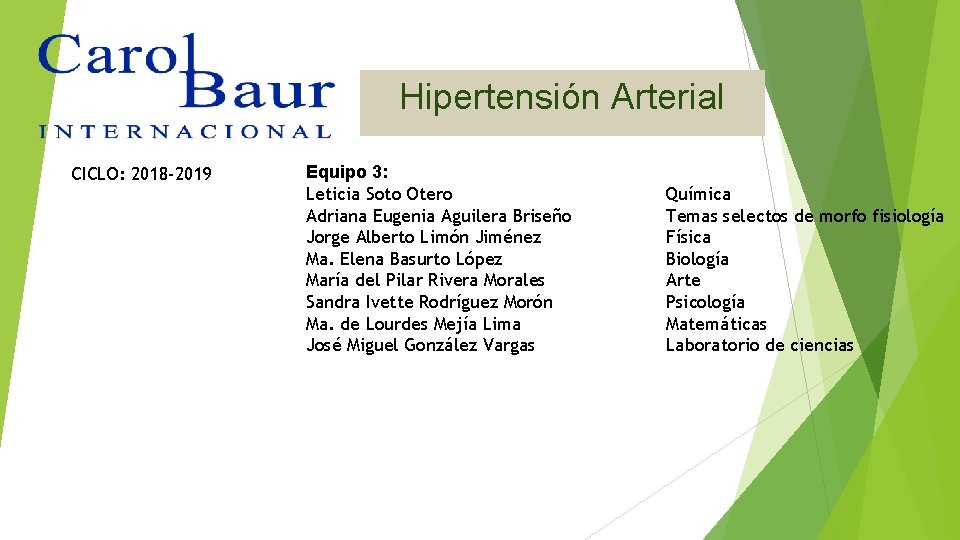 Hipertensión Arterial CICLO: 2018 -2019 Equipo 3: Leticia Soto Otero Adriana Eugenia Aguilera Briseño