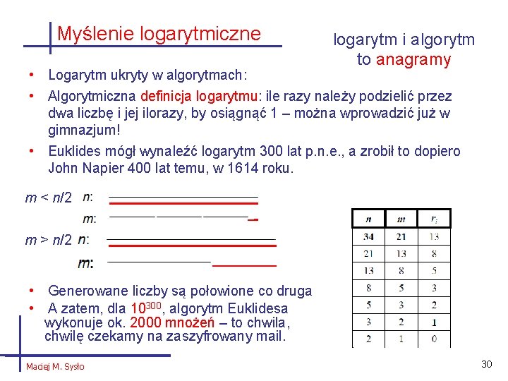 Myślenie logarytmiczne logarytm i algorytm to anagramy • Logarytm ukryty w algorytmach: • Algorytmiczna