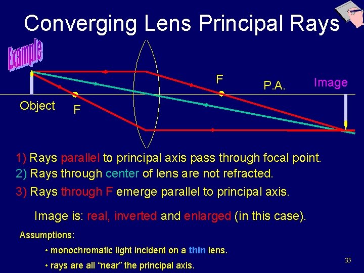 Converging Lens Principal Rays F Object P. A. Image F 1) Rays parallel to
