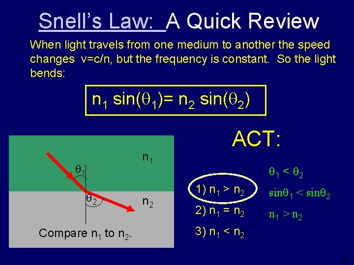 Snell’s Law: A Quick Review When light travels from one medium to another the