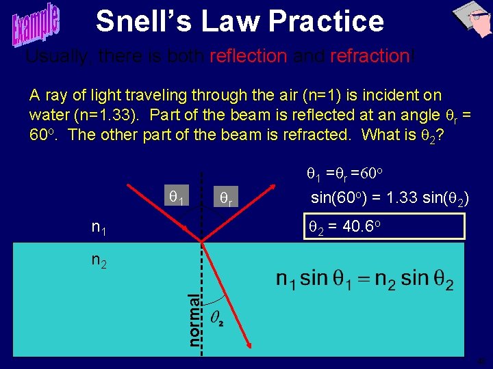 Snell’s Law Practice Usually, there is both reflection and refraction! A ray of light