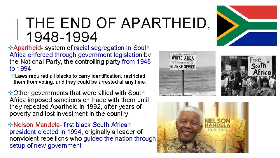 THE END OF APARTHEID, 1948 -1994 v. Apartheid- system of racial segregation in South