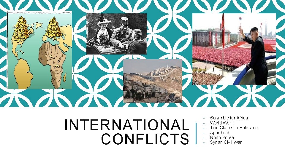 INTERNATIONAL CONFLICTS - Scramble for Africa World War I Two Claims to Palestine Apartheid