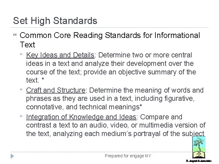 Set High Standards Common Core Reading Standards for Informational Text Key Ideas and Details: