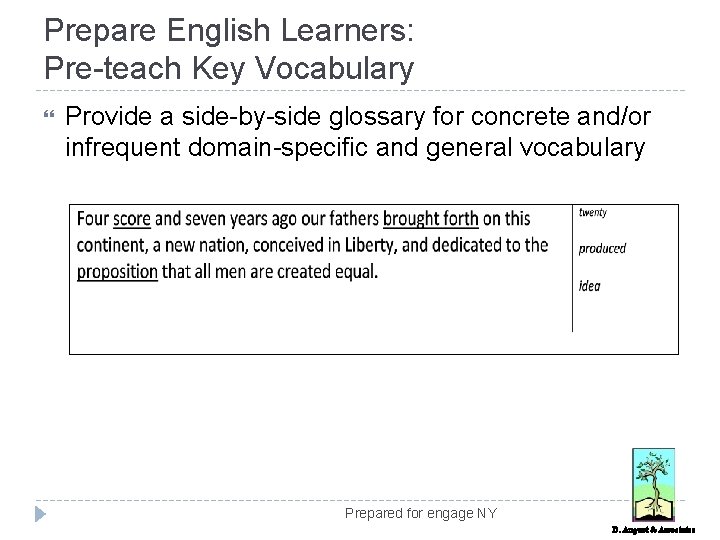 Prepare English Learners: Pre-teach Key Vocabulary Provide a side-by-side glossary for concrete and/or infrequent