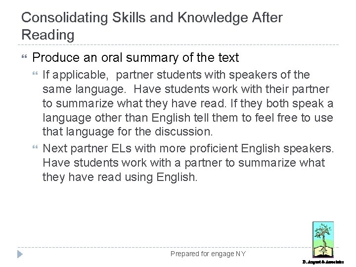 Consolidating Skills and Knowledge After Reading Produce an oral summary of the text If