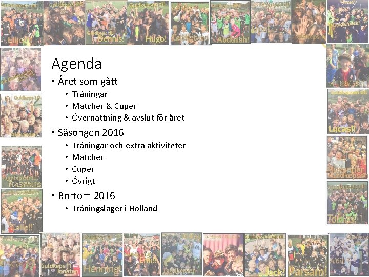 Agenda • Året som gått • Träningar • Matcher & Cuper • Övernattning &