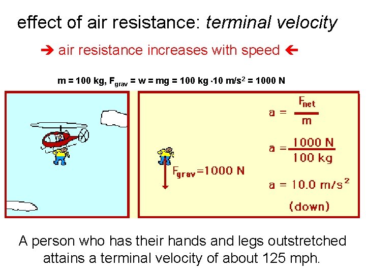 effect of air resistance: terminal velocity air resistance increases with speed m = 100