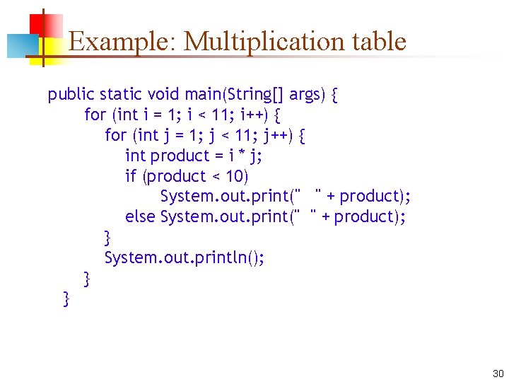 Example: Multiplication table public static void main(String[] args) { for (int i = 1;