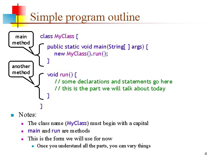 Simple program outline class My. Class { main method public static void main(String[ ]