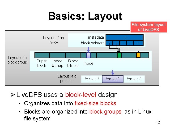 Basics: Layout of a block group Super block Inode bitmap … metadata block pointers