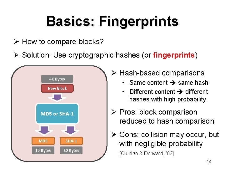 Basics: Fingerprints Ø How to compare blocks? Ø Solution: Use cryptographic hashes (or fingerprints)