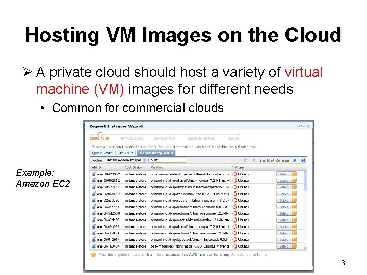 Hosting VM Images on the Cloud Ø A private cloud should host a variety