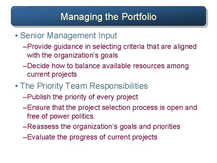 Managing the Portfolio • Senior Management Input – Provide guidance in selecting criteria that