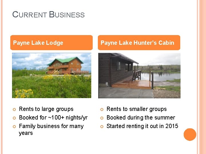 CURRENT BUSINESS Payne Lake Lodge Payne Lake Hunter’s Cabin Rents to large groups Booked