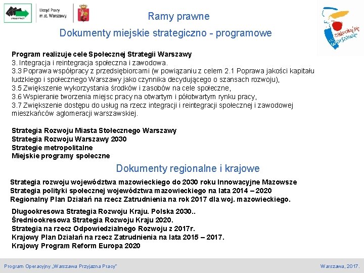 Ramy prawne Dokumenty miejskie strategiczno - programowe Program realizuje cele Społecznej Strategii Warszawy 3.