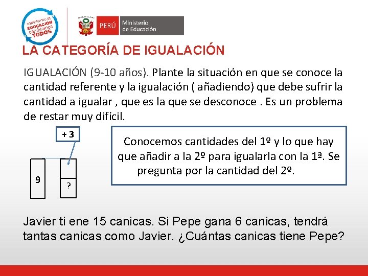 LA CATEGORÍA DE IGUALACIÓN (9 -10 años). Plante la situación en que se conoce