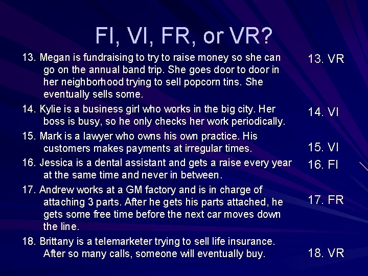 FI, VI, FR, or VR? 13. Megan is fundraising to try to raise money