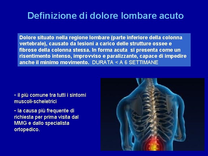 Definizione di dolore lombare acuto Dolore situato nella regione lombare (parte inferiore della colonna