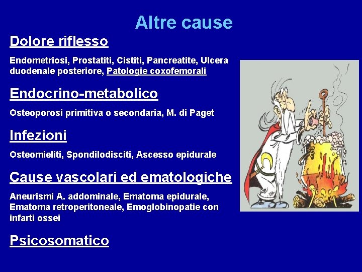 Altre cause Dolore riflesso Endometriosi, Prostatiti, Cistiti, Pancreatite, Ulcera duodenale posteriore, Patologie coxofemorali Endocrino-metabolico