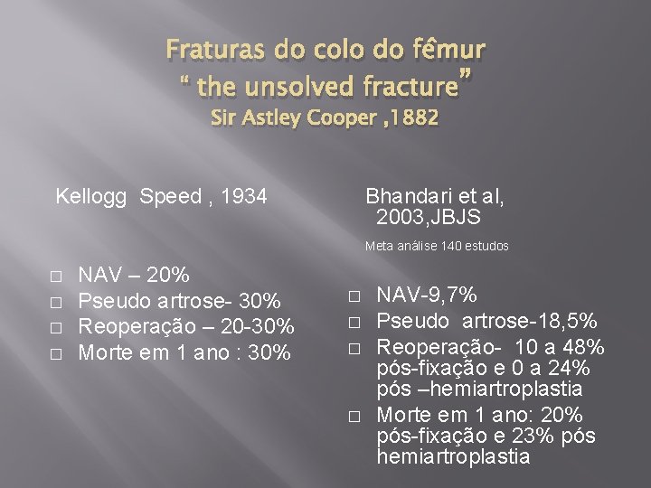 Fraturas do colo do fêmur “ the unsolved fracture” Sir Astley Cooper , 1882