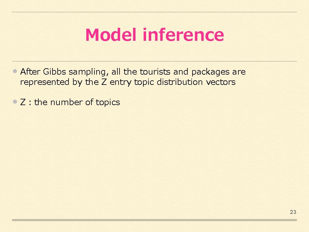 Model inference • After Gibbs sampling, all the tourists and packages are represented by